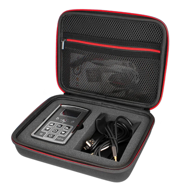 a black and red case with a calculator in it